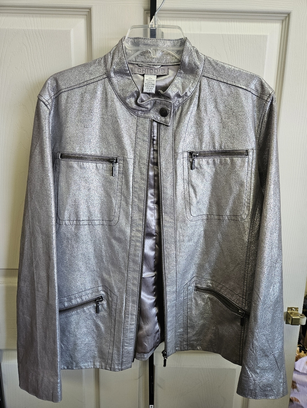 Chico's Metallic Silver Leather Zip-Front Jacket